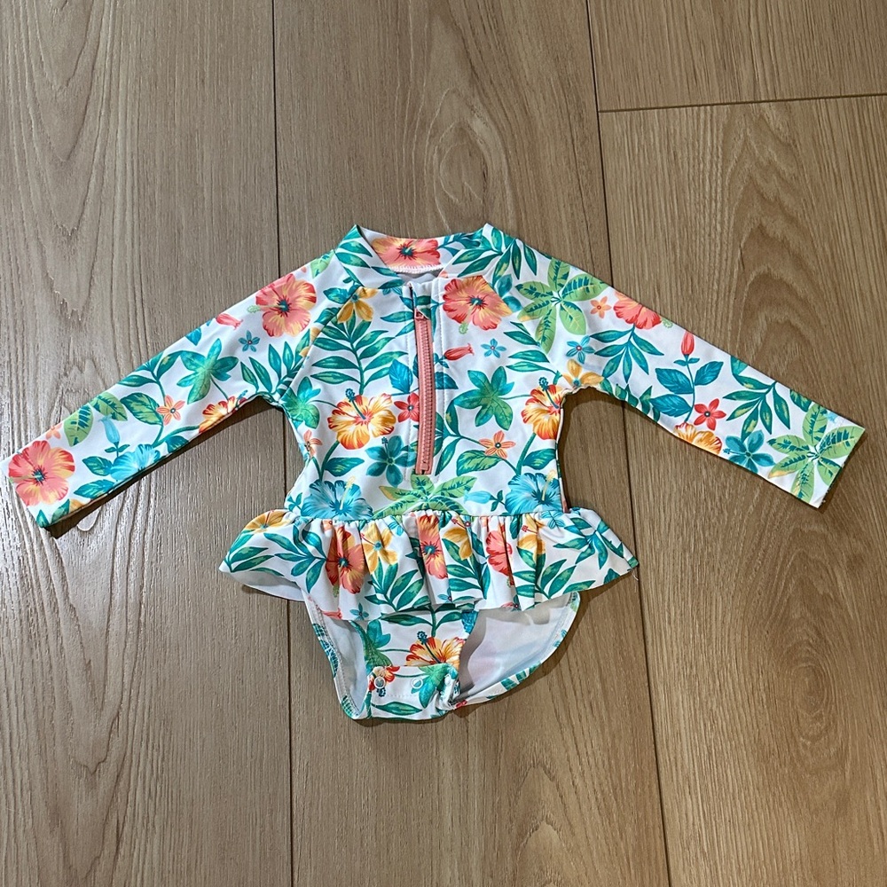 Little Me White Floral Long-Sleeve One-Piece Swim Suit